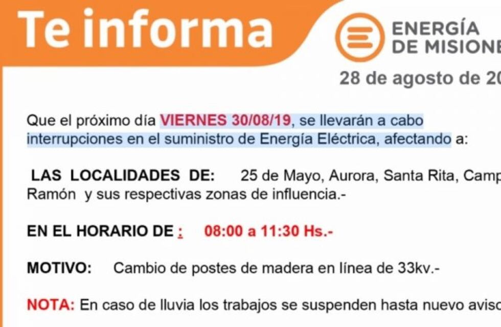 Corte de energía programado para mañana en Misiones