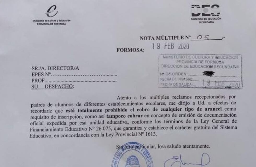 Educación recordó la prohibición del cobro de aranceles en colegios estatales