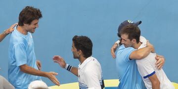 Sydney (Australia), 04/01/2020\u002E- Maximo Gonzalez and Andres Molteni (R) of Argentina celebrate their victory in the doubles match between Poland and Argentina on day two of the ATP Cup tennis tournament at Ken Rosewall Arena in Sydney, Australia, 04 January 2020\u002E (Tenis, Polonia) EFE/EPA/CRAIG GOLDING EDITORIAL USE ONLY AUSTRALIA AND NEW ZEALAND OUT