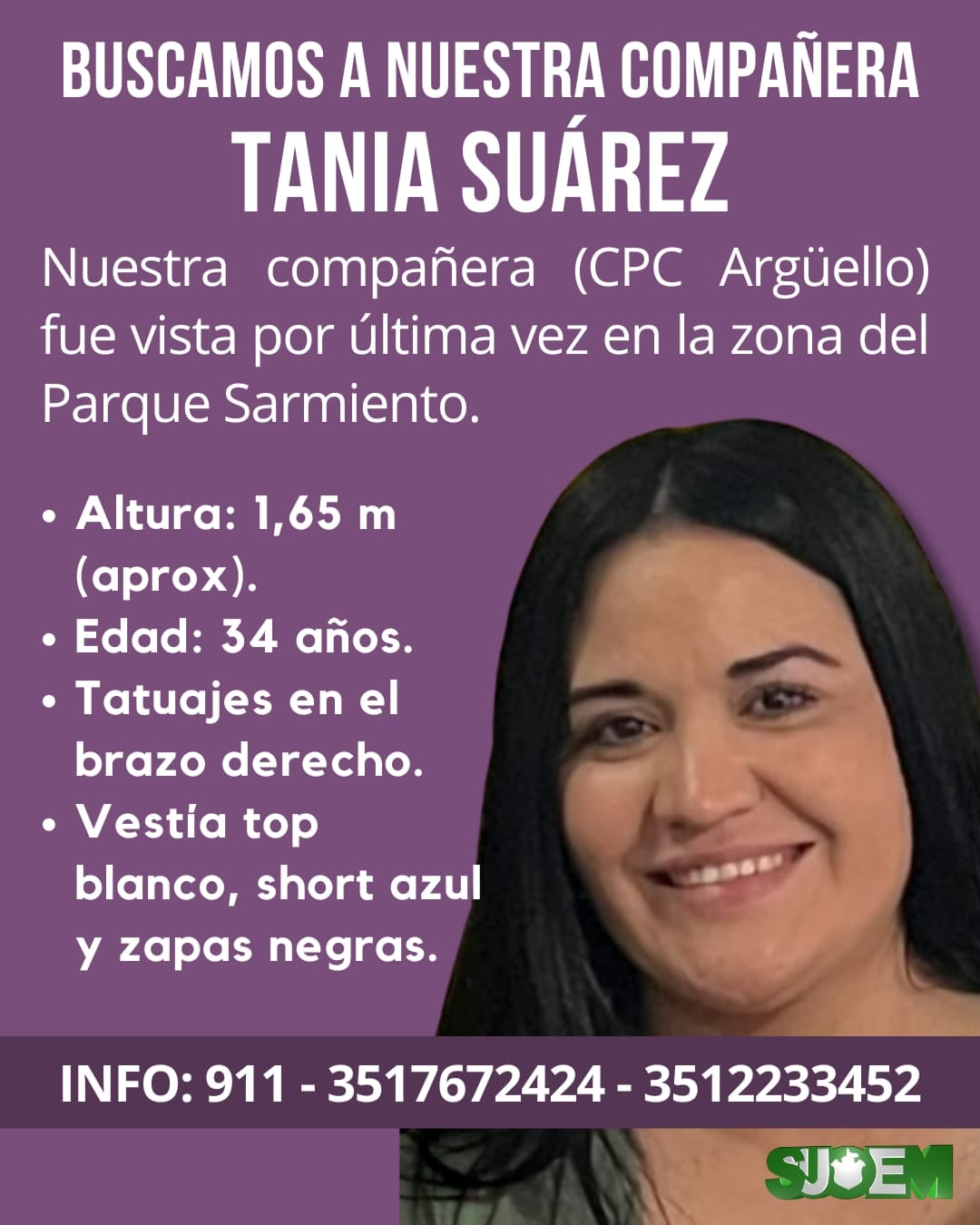 Tatiana Suárez. Buscan a la mujer de 35 años que fue vista por última vez el pasado 11 de enero en el Parque Sarmiento.