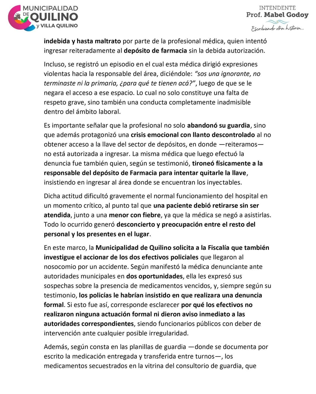 La explicación de la Municipalidad de Quilino sobre los medicamentos vencidos en el hospital.