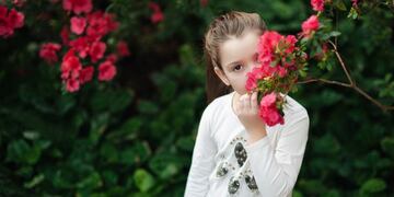 girl sniffing flowers of azaleas\u002E flowering azaleas in the park\u002E