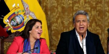 Ecuador's President Lenin Moreno, right, and vice president Alejandra Vicuna sing as they celebrate that his proposal of Referendum has been approved by Ecuadoreans in Quito, Ecuador, Sunday, Feb\u002E 4, 2018\u002E Ecuadoreans have voted overwhelmingly to limit presidents to two terms in a nationwide referendum that was seen as a critical test of former President Rafael Correa's enduring political strength\u002E (AP Photo/Dolores Ochoa)