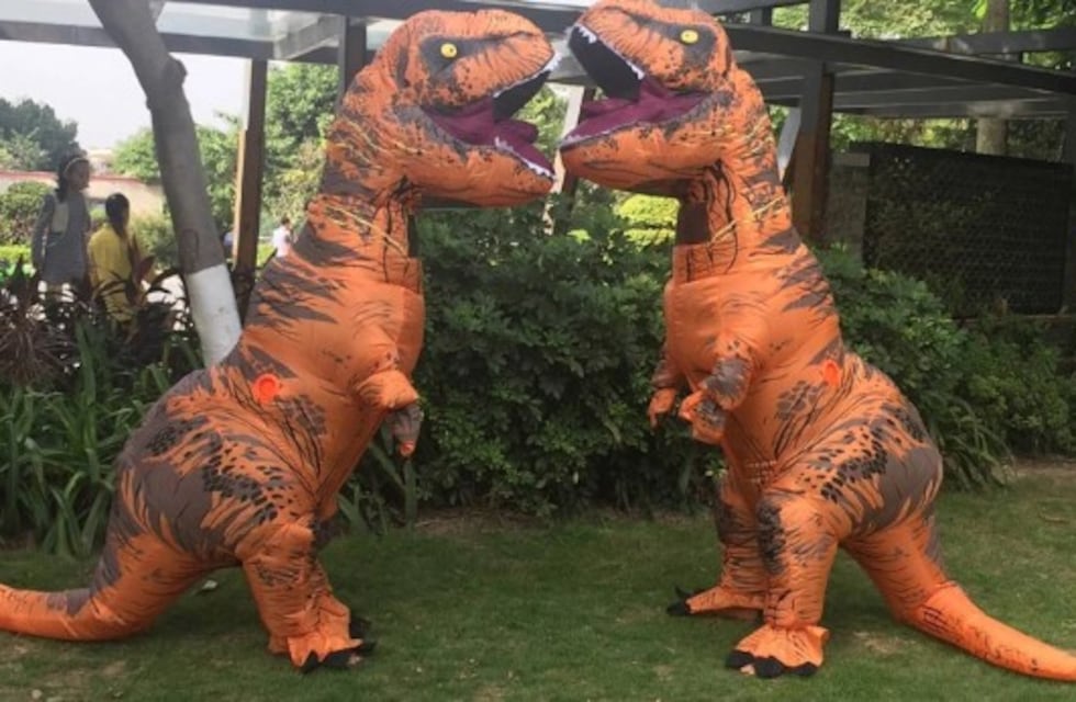 Una pareja tuvo un desopilante casamiento cuando fueron al registro civil vestidos de dinosaurios