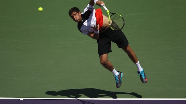KEY BISCAYNE, FL - MARCH 28: Federico Delbonis of Argentina in action against Kei Nishikori of Japan at Crandon Park Tennis Center on March 28, 2017 in Key Biscayne, Florida. Julian Finney/Getty Images/AFPn== FOR NEWSPAPERS, INTERNET, TELCOS & TELEVISIO
