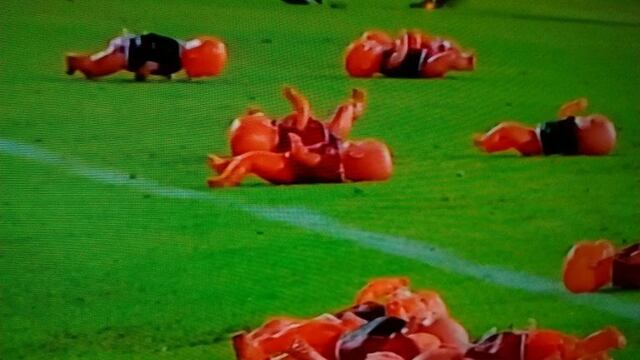 Hinchas de Rosario Central arrojaron bebu00e9s de juguete vestidos con la camiseta de Newell's al campo de juego.