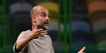 Soccer Football - Champions League Quarter Final - Manchester City v Olympique Lyonnais - Jose Alvalade Stadium, Lisbon, Portugal - August 15, 2020 Manchester City manager Pep Guardiola, as play resumes behind closed doors following the outbreak of the coronavirus disease (COVID-19) Franck Fife/Pool via REUTERS