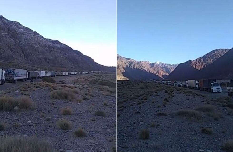 Kilómetros de cola de camiones que esperan por los controles en Uspallata