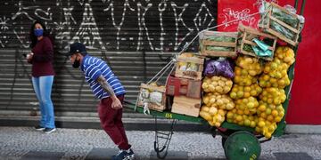 AME4846\u002E SAO PAULO (BRASIL), 28/07/2020\u002E- Un vendedor de frutas y verduras carga su mercancía en una carreta este martes, en Sao Paulo (Brasil)\u002E Brasil roza ya las 90\u002E000 muertes por el coronavirus, una enfermedad que desde finales de mayo ha dejado una media de 1\u002E000 decesos diarios y que amenaza con agravarse en las regiones del sur con la llegada del invierno austral\u002E EFE/ Fernando Bizerra