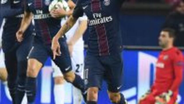 Paris Saint-Germain's Argentinian forward Angel Di Maria celebrates after scoring a goal during the UEFA Champions League Group A football match between Paris Saint-Germain and PCF Ludogorets Razgrad at the Parc des Princes Stadium in Paris on December 6,