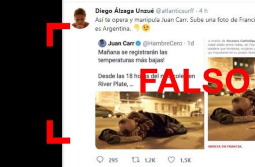 Es falso que Juan Carr mostró una foto de un indigente y afirmó que era en la Argentina