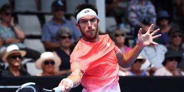 Leonardo Mayer of Argentina plays a shot to Tennys Sandgren of the U\u002ES\u002E during the quarterfinal of the ASB Classic Mens tennis tournament in Auckland, New Zealand, Thursday, Jan\u002E 10, 2019\u002E (AP Photo/Chris Symes)