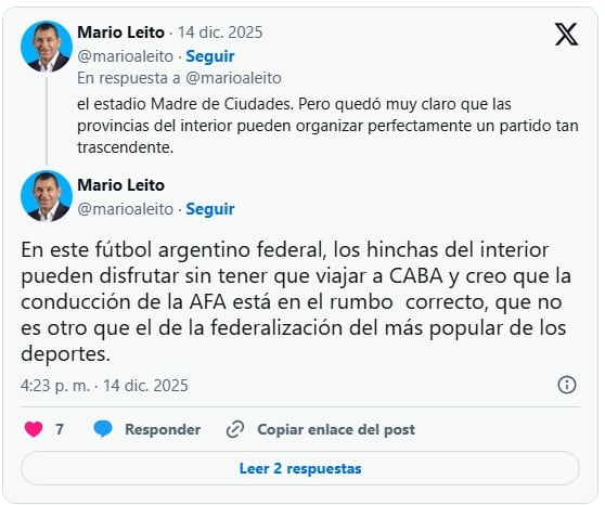 Los mensajes de Leito en X.