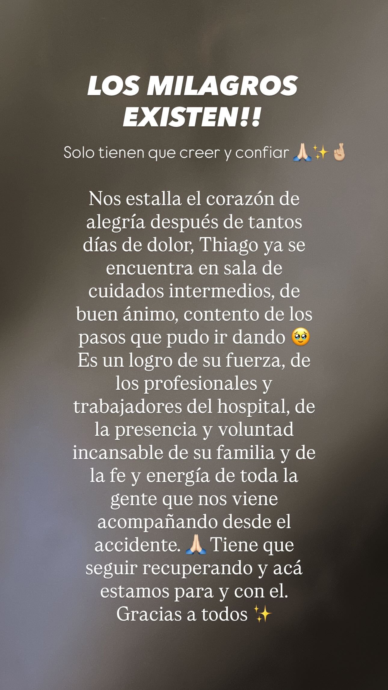 El mensaje de Daniela celis tras la salida de terapia intensiva de Thiago Medina. (Instagram @danielacelis01).
