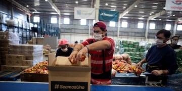 Workers put together food boxes for the \