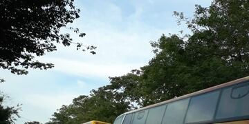 Interminable fila de colectivos de larga distancia para transportar militantes