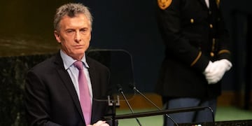 Mauricio Macri, Argentina's president, pauses while speaking during the UN General Assembly meeting in New York, U\u002ES\u002E, on Tuesday, Sept\u002E 25, 2018\u002E Macri said Argentina will bring case of crimes against humanity by the \