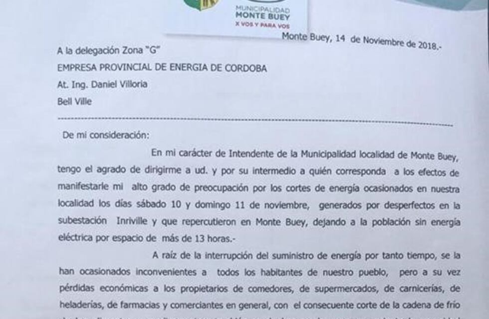 Reclamo de la Municipalidad de Monte Buey a EPEC por los cortes de energía