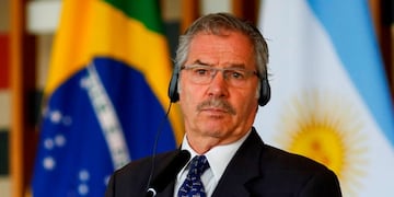 Argentine Foreign Minister Felipe Sola attends a press conference with his Brazilian counterpart Ernesto Araujo (out of frame) at the Itamaraty Palace, in Brasilia, Brazil, on February 12, 2020\u002E (Photo by Sergio LIMA / AFP)