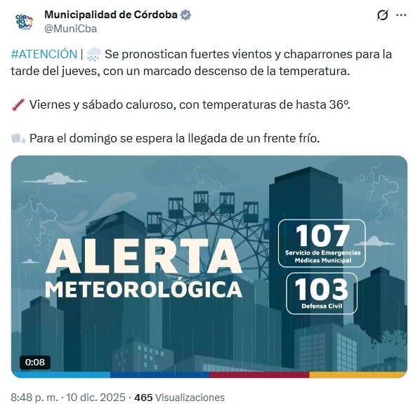 El Observatorio Hidrometeorológico detalló un nuevo informe climático para la Municipalidad de Córdoba.