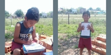 Un  chico acompaña a su mamá a la obra y hace sus tareas escolares\u002E