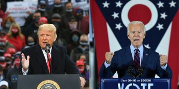 (COMBO) This combination of pictures created on October 30, 2020 shows\nUS President Donald Trump speaks during a campaign rally at Manchester-Boston Regional Airport in Londonderry, New Hampshire on October 25, 2020\u002E\nDemocratic Presidential candidate and former Vice President Joe Biden delivers remarks at a voter mobilization event in Cincinnati, Ohio, on October 12, 2020, where he will speak to the importance of Ohioans making their voices heard this election\u002E (Photos by MANDEL NGAN and JIM WATSON / AFP)
