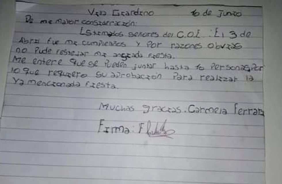 Cumplió 11 años en abril y le envió una carta al COE para poder festejarlo con amigas