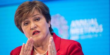 (FILES) In this file photo taken on October 08, 2019 International Monetary Fund (IMF) Managing Director Kristalina Georgieva delivers her curtain raiser speech previewing the key issues to be addressed in the Annual Meetings in Washington, DC\u002E - A key lesson from the 2008 global financial crisis was that governments should not remove stimulus measures too soon, IMF chief Kristalina Georgieva said June 15, 2020\u002E (Photo by NICHOLAS KAMM / AFP)