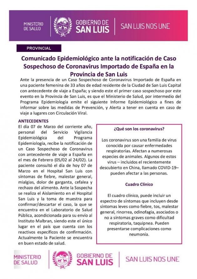 Comunicado oficial por coronavirus en San Luis