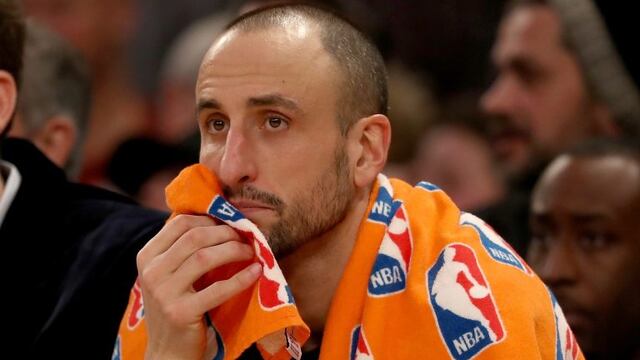 NEW YORK, NY - FEBRUARY 12: Manu Ginobili #20 of the San Antonio Spurs looks on from the bench in the second half against the New York Knicks at Madison Square Garden on February 12, 2017 in New York City. NOTE TO USER: User expressly acknowledges and agr