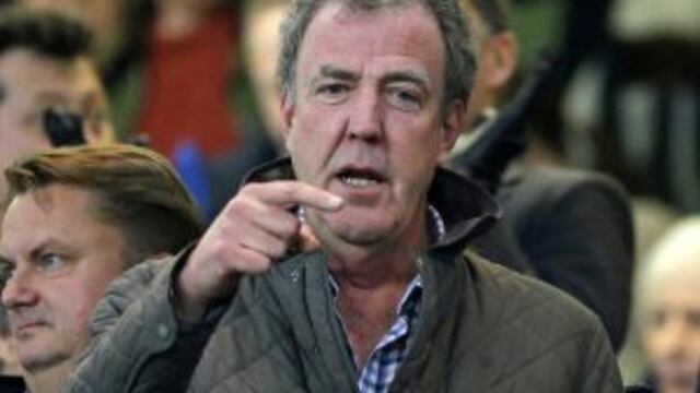 FILE - This is a Wednesday, March 11, 2015 file photo of TV host Jeremy Clarkson as he gestures as he takes his place in the stands before the Champions League round of 16 second leg soccer match between Chelsea and Paris Saint Germain at Stamford Bridge