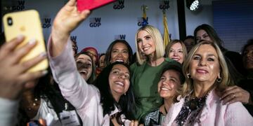 Attendees use mobile device to take 'selfie' photographs with Ivanka Trump, assistant to U\u002ES\u002E President Donald Trump, center, during the Academy for Women Entrepreneurs (AWE) launch event in Bogota, Colombia, on Tuesday Sept\u002E 3, 2019\u002E The AWE program, created in support of the Women's Global Development and Prosperity (W-GDP) Initiative, will equip women with the practical skills needed to create sustainable businesses and enterprises\u002E Photographer: Al Drago/Bloomberg