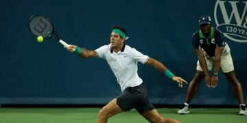 Mason (United States), 17/08/2018\u002E- Juan Martin Del Potro of Argentina in action against David Goffin of Belgium during the Western and Southern Open at the Lindner Family Tennis Center in Mason, Ohio, USA, 17 August 2018\u002E (Tenis, Abierto, Bélgica, Estados Unidos) EFE/EPA/MARK LYONS