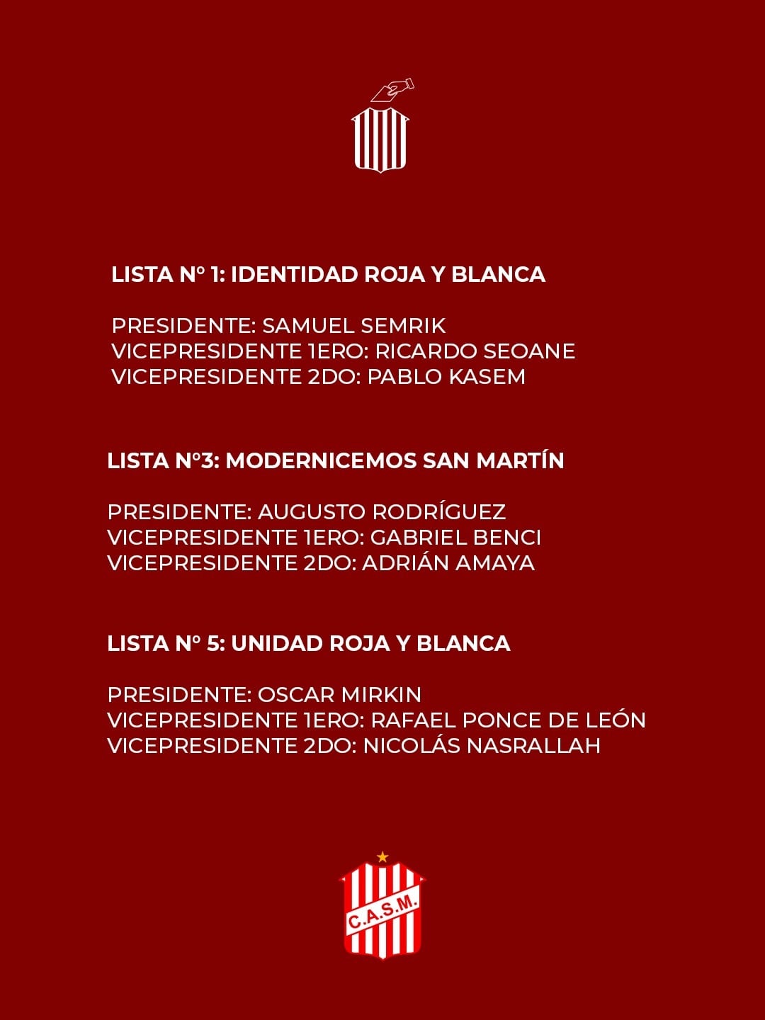 Se presentaron las listas de candidatos para el club San Martín.