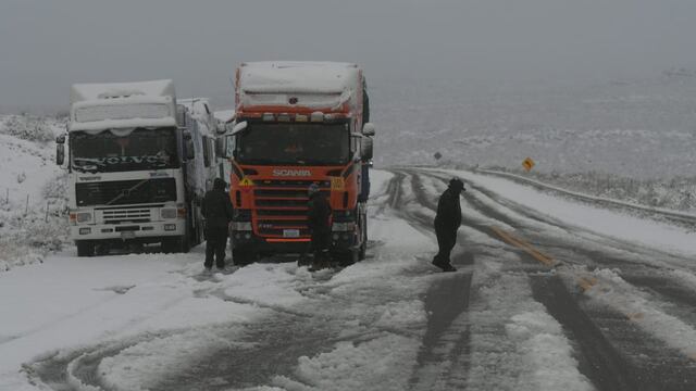 Varios camiones resolvieron esperar a la vera de la Ruta Internacional que pase el temporal de nieve. Los Andes