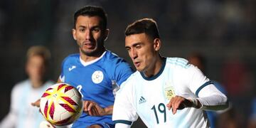 Argentina's Lionel Messi (L) celebrates with teammate Matias Suarez after scoring against Nicaragua during their international friendly football match at the San Juan del Bicentenario stadium in San Juan, Argentina, on June 7, 2019\u002E (Photo by Andres LARROVERE / AFP)