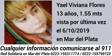 Yael Flores, de 13 años, fue vista por última vez el pasado domingo 6 de Octubre (web)\u002E