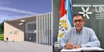 El proyecto de obra del primer edificio del campus puesta en marcha en 2019 y el Rector de la UNRaf, Dr\u002E Rubén Ascúa\u002E (Prensa Universidad Nacional de Rafaela)