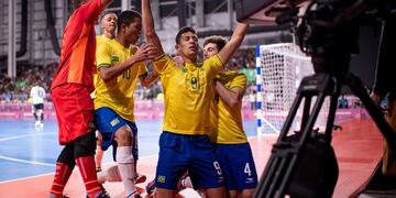 Guilherme Henrique Borges Sanches BRA celebrates with team mates in the Semi-Final match against Argentina ARG of the Futsal Mens Tournament at the Futsal Main Stadium, Tecnopolis Park\u002E The Youth Olympic Games, Buenos Aires, Argentina, Monday 15th October 2018\u002E Lukas Schulze for OIS/IOC/Handout via REUTERS ATTENTION EDITORS - THIS IMAGE HAS BEEN SUPPLIED BY A THIRD PARTY\u002E
