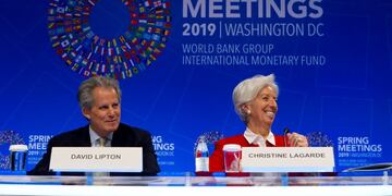 International Monetary Fund (IMF) Managing Director Christine Lagarde accompanied by Deputy Managing Director David Lipton, speak at a news conference, during the World Bank/IMF Spring Meetings in Washington, Thursday, April 11, 2019\u002E (AP Photo/Jose Luis Magana)