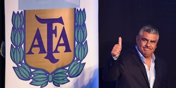 (FILES) In this file picture taken on March 29, 2017 the president of Argentine football team Barracas Central, Claudio Tapia, gives the thump up after being elected President of Argentina's Football Association (AFA) in Ezeiza, Buenos Aires\u002E - The Argentine football association will put an end to the 2019-20 season which has been interrupted since mid-March due to the coronavirus pandemic, its president Claudio Tapia said on April 27, 2020\u002E Argentina has been in lockdown since March 20, with the quarantine restrictions in place until at least May 10\u002E (Photo by Eitan ABRAMOVICH / AFP)