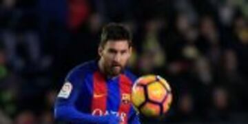 FC Barcelona's Lionel Messi shots the ball during the Spanish La Liga soccer match between Villarreal and Barcelona at the Ceramica stadium in Villarreal, Spain, Sunday, Jan. 8, 2017. (AP Photo/Alberto Saiz)