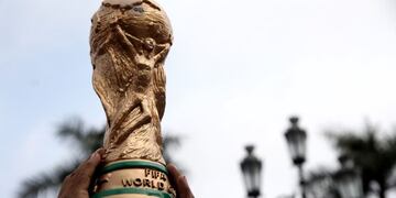 Un hincha peruano levanta una réplica de la copa del mundo el 10/10/2017 en Lima, Perú, en la previa del partido de eliminatorias mundialistas sudamericanas ante Colombia\u002E\r\n(Vinculado a la cobertura del día de dpa) foto: Oscar Farje/Agentur Andina/dpa