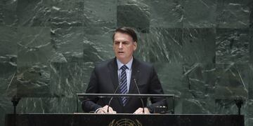 El presidente de Brasil, Jair Bolsonaro durante la Asamblea general de la ONU\u002E Foto: Drew Angerer/AFP\u002E