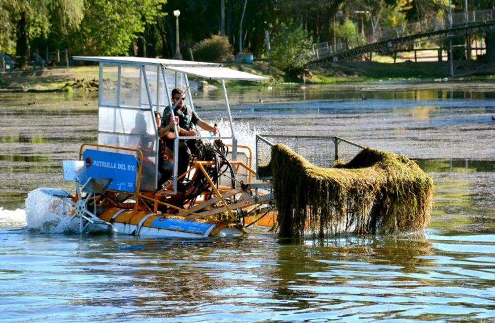 Con una cosechadora de algas, limpian el lago Villa Dálcar de Río Cuarto