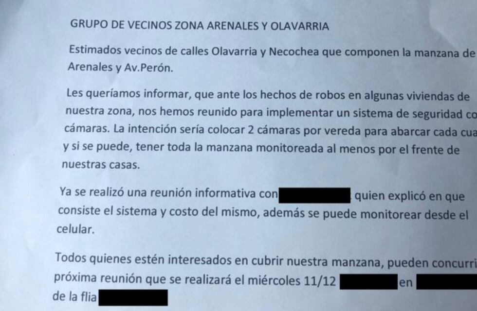 Vecinos de Arenales y Olavarría analizan instalar cámaras por la inseguridad
