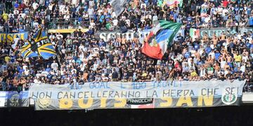 Inter Milan supporters deploy a banner against Inter Milan's forward and captain from Argentina Mauro Icardi after the release of his book 'Sempre avanti' during the Italian Serie A football match Inter Milan vs Cagliari at