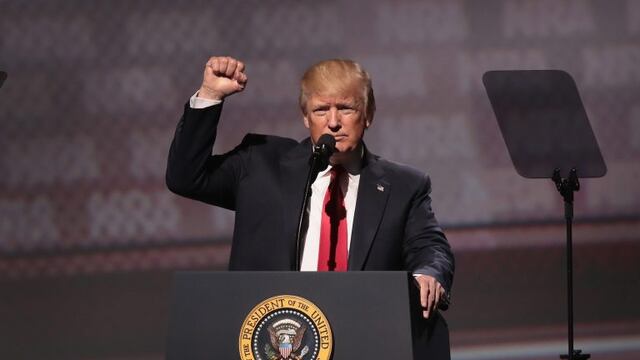 ATLANTA, GA - APRIL 28: President Donald Trump speaks at the NRA-ILA's Leadership Forum at the 146th NRA Annual Meetings & Exhibits on April 28, 2017 in Atlanta, Georgia. The convention is the largest annual gathering for the NRA's more than 5 million members. Trump is the first president to address the annual meetings since Ronald Reagan.   Scott Olson/Getty Images/AFPn== FOR NEWSPAPERS, INTERNET, TELCOS & TELEVISION USE ONLY ==