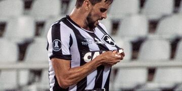 Rodrigo Pimpao of Brazil's Botafogo celebrates his goal against Argentinau2019s Estudiantes de La Plata during their Copa Libertadores 2017 football match at the Nilton Santos Olympic