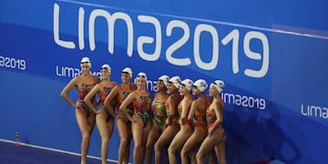 The synchronized swimming team of Cuba poses for a photo after their training session at the Pan Am Games in Lima, Peru, Thursday, July 25, 2019\u002E (AP Photo/Fernando Vergara)